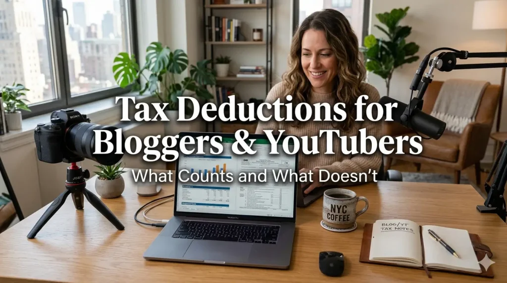 A professional female content creator working in a sunny New York City home office with a camera, microphone, and a laptop displaying tax charts. The text overlay reads "Tax Deductions for Bloggers & YouTubers / What Counts and What Doesn't."