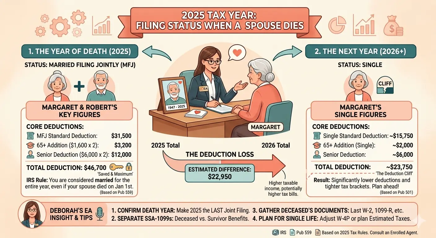 Tax filing status options for a surviving spouse in the year of death — Married Filing Jointly vs Single comparison explained by an Enrolled Agent