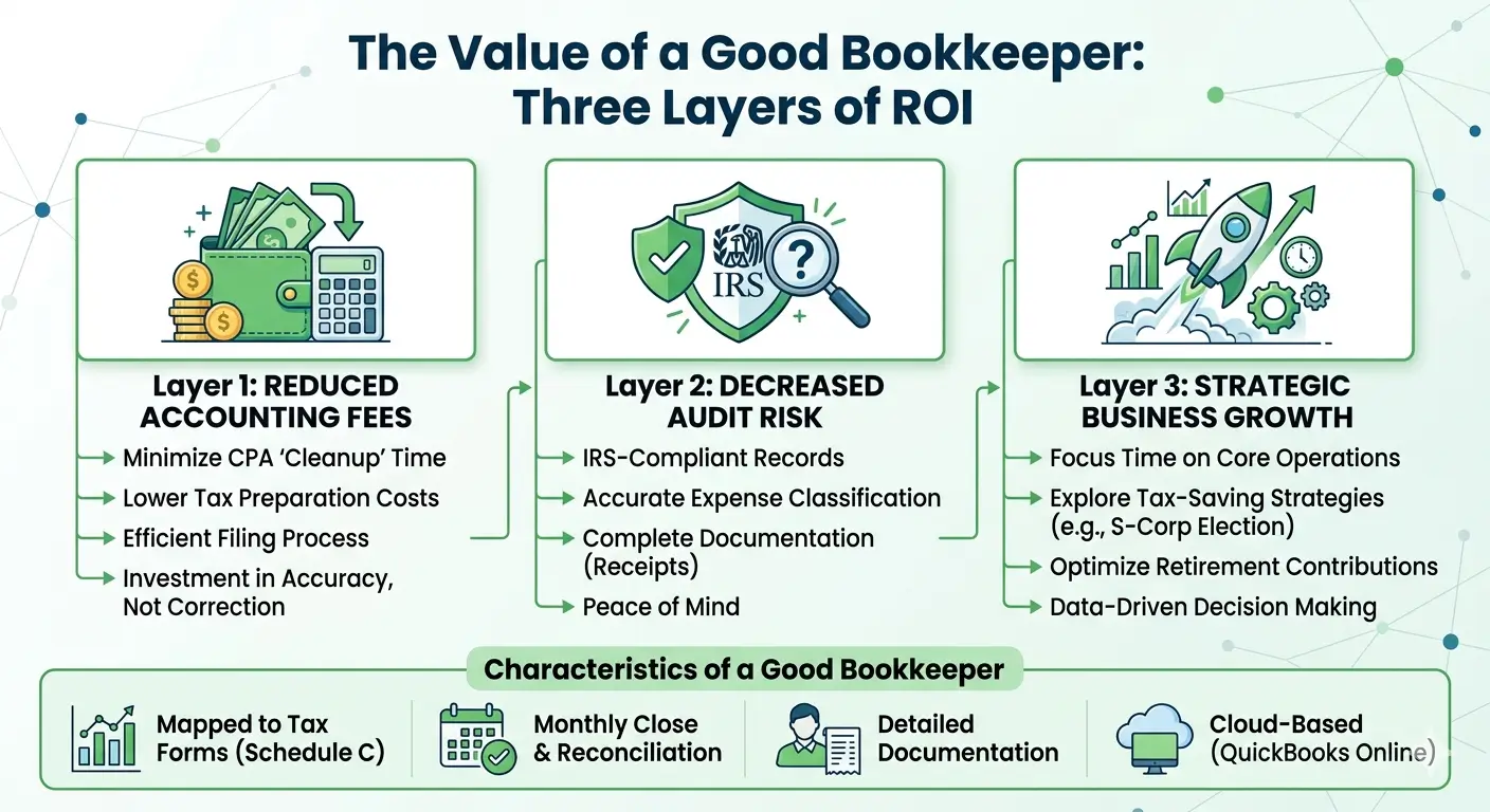 The three-layer ROI of a good bookkeeper — explained by an Enrolled Agent through a real antique store case