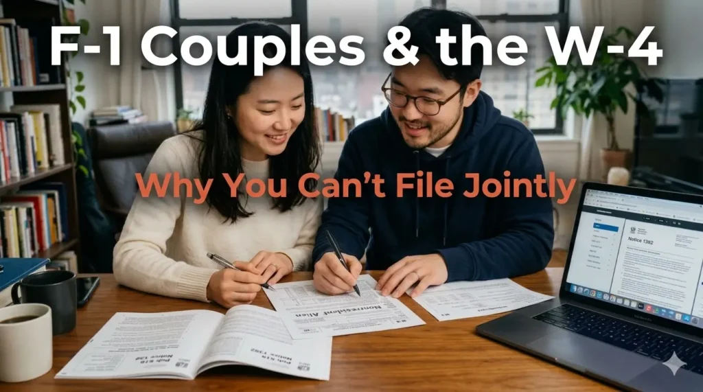 F-1 visa married couple reviewing Form W-4 and IRS Notice 1392 — why nonresident alien (NRA) couples cannot file jointly, explained by an Enrolled Agent