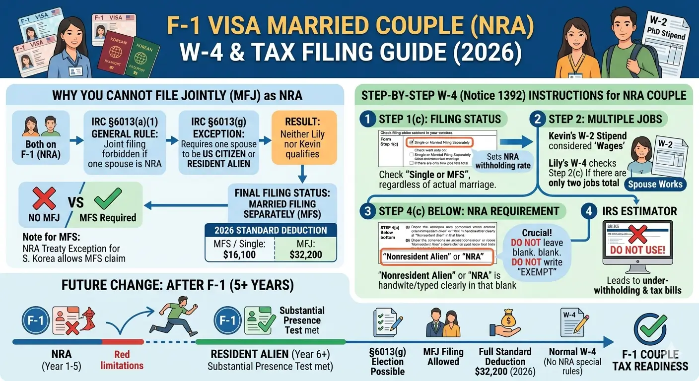 W-4 filing guide for F-1 visa married couples — nonresident alien rules, IRC 6013(g), and 2026 standard deduction explained by an Enrolled Agent