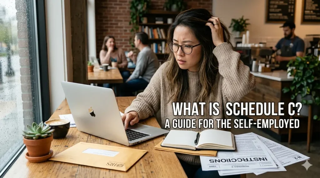 A professional blog thumbnail with the text 'WHAT IS SCHEDULE C? A Guide for the Self-Employed', featuring a cozy home office setup with a laptop, tax documents, a calculator, and a warm cup of coffee.