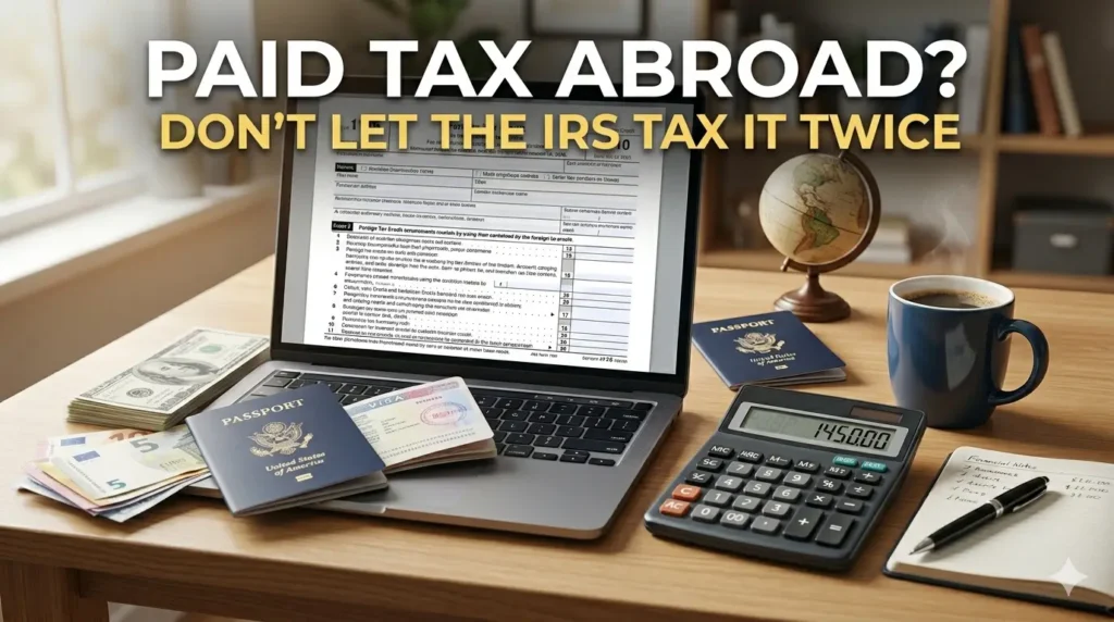 Foreign Tax Credit thumbnail — U.S. passport, dollars and euros, a globe, and a U.S. tax form on a desk, illustrating how to avoid being taxed twice on foreign income