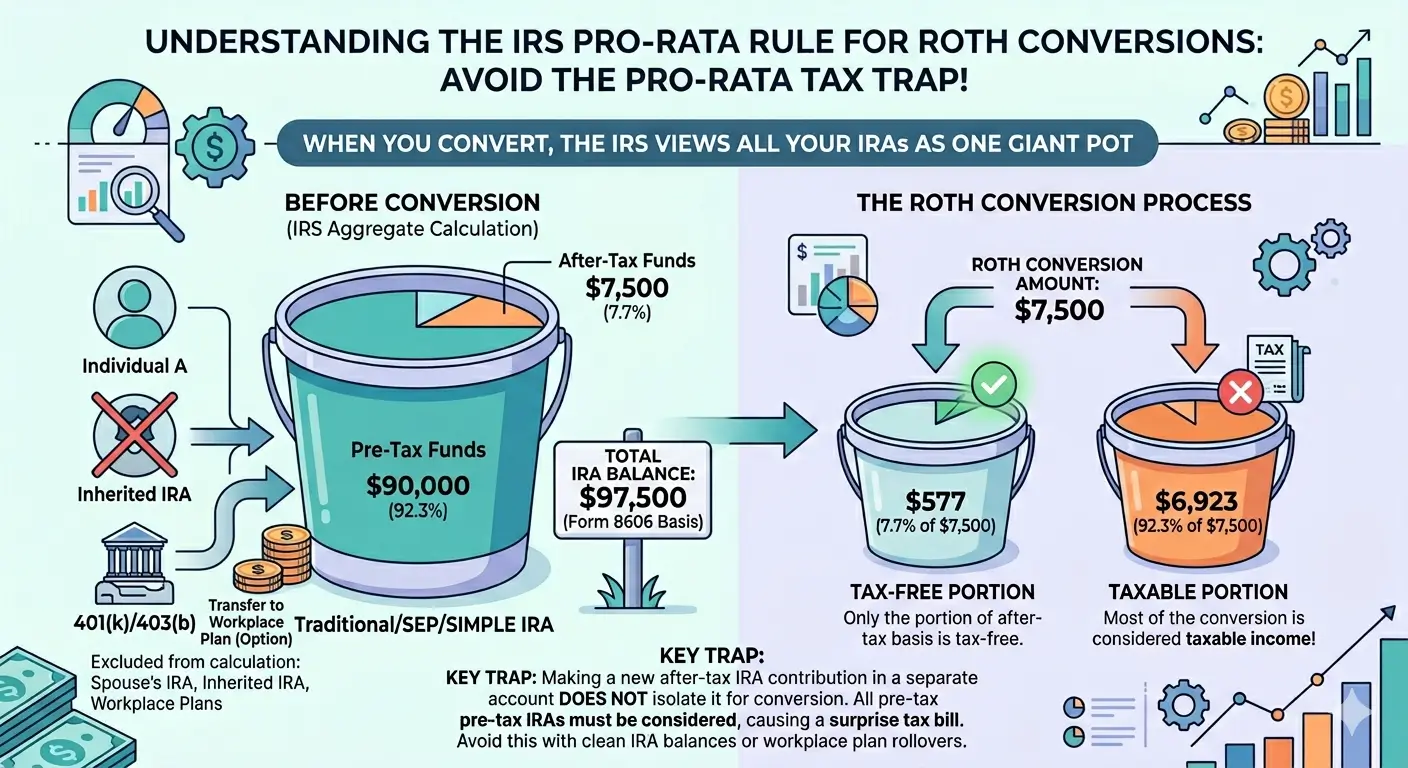 Infographic explaining the IRS pro-rata rule for Backdoor Roth IRA conversions: the IRS aggregates all Traditional, SEP, and SIMPLE IRAs as one pot, so a $7,500 non-deductible contribution alongside a $90,000 pre-tax balance makes about 92.3% of the conversion taxable — explained by an Enrolled Agent