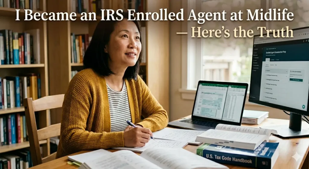 Woman studying for the IRS Enrolled Agent exam at a desk with tax books, with the title "I Became an IRS Enrolled Agent at Midlife — Here's the Truth"
