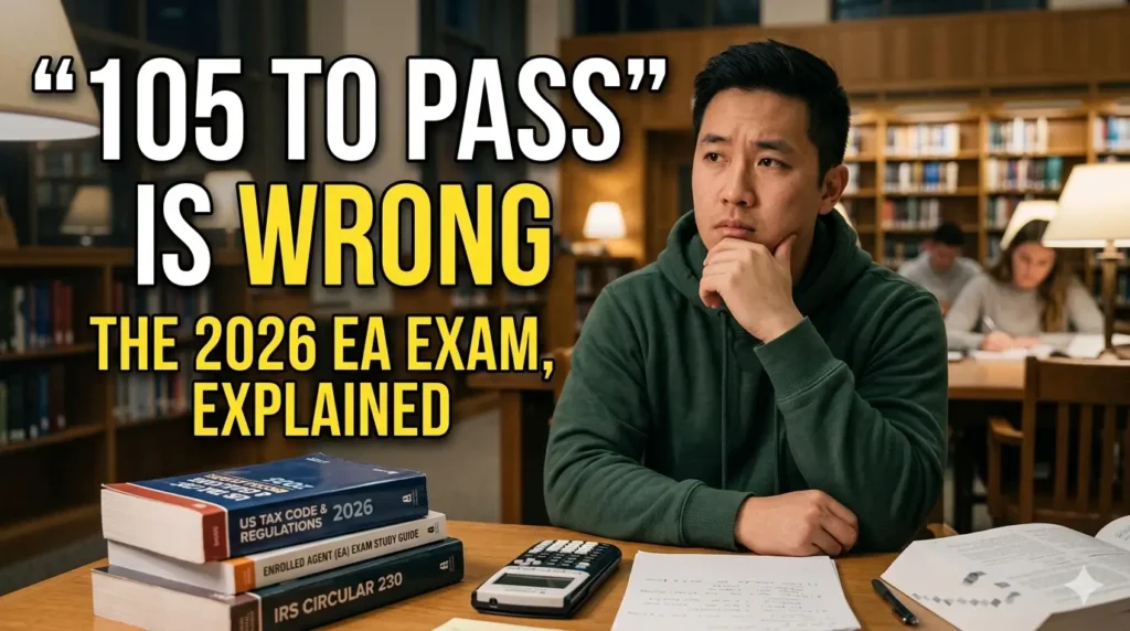 A candidate studying in a library with EA exam prep books, under the title "105 to Pass Is Wrong — The 2026 EA Exam, Explained"