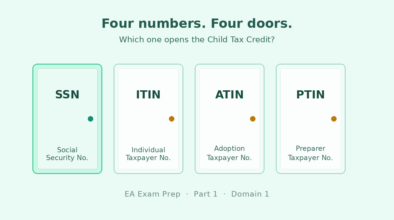 Four taxpayer identification numbers shown as four doors: SSN, ITIN, ATIN, and PTIN, asking which one opens the Child Tax Credit