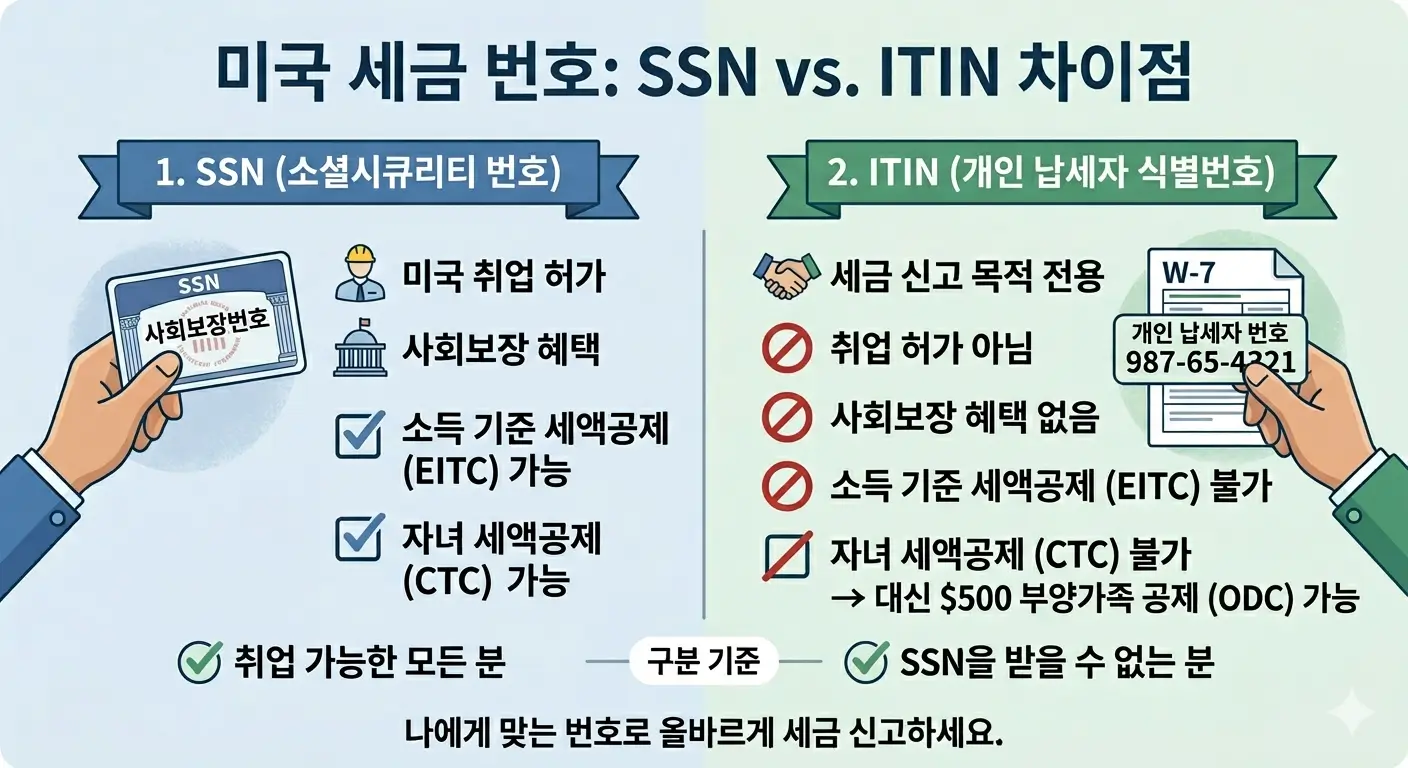 미국 세금 번호 SSN과 ITIN 차이 인포그래픽 — SSN은 취업 허가·EITC·CTC 가능, ITIN은 세금 신고 전용으로 CTC 불가·$500 ODC 가능, SSN을 받을 수 없는 사람이 ITIN 대상