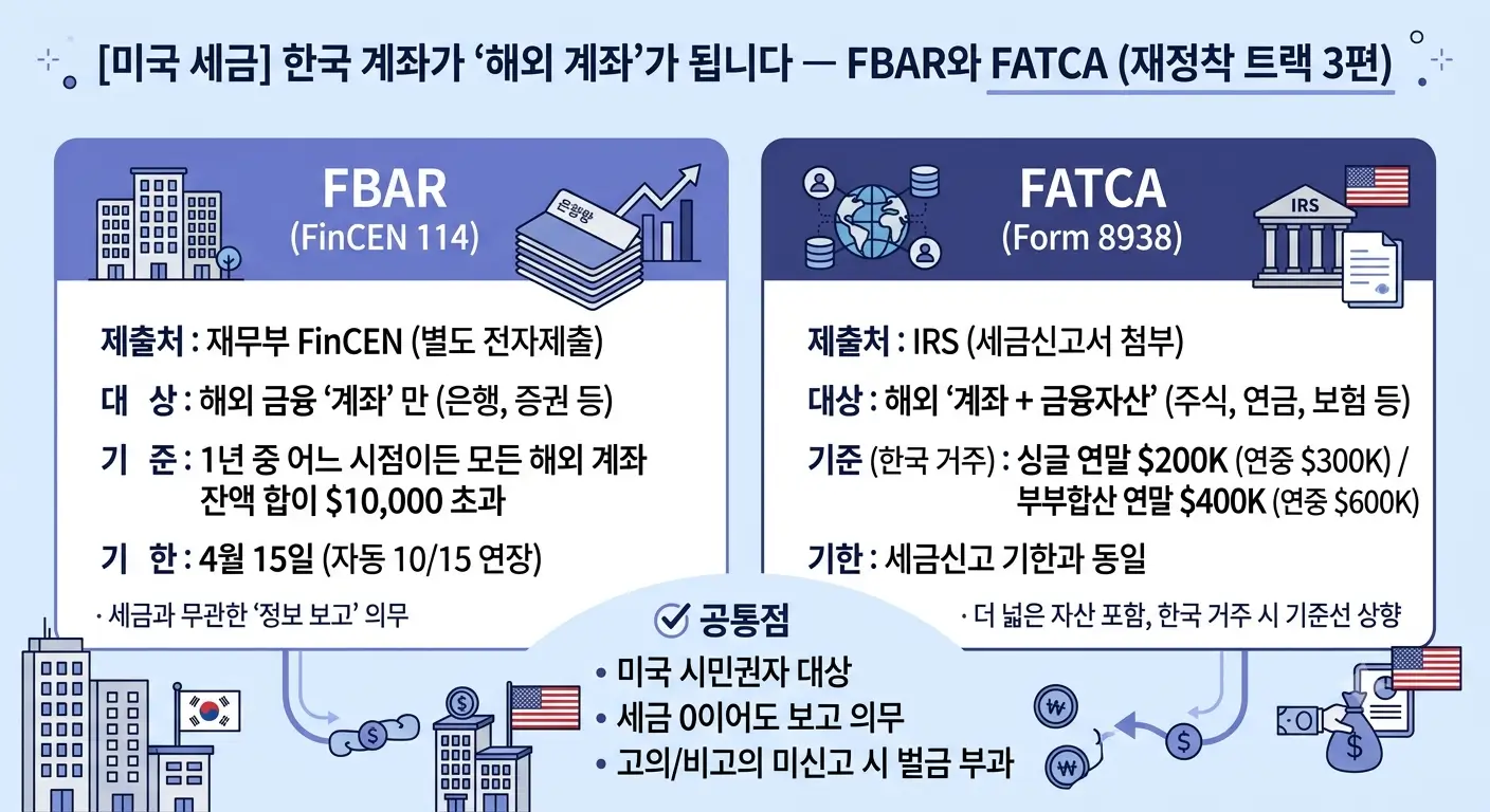 한국 거주 미국 시민권자의 해외계좌 보고 — FBAR(FinCEN 114)와 FATCA(Form 8938) 제출처·대상·기준선 비교