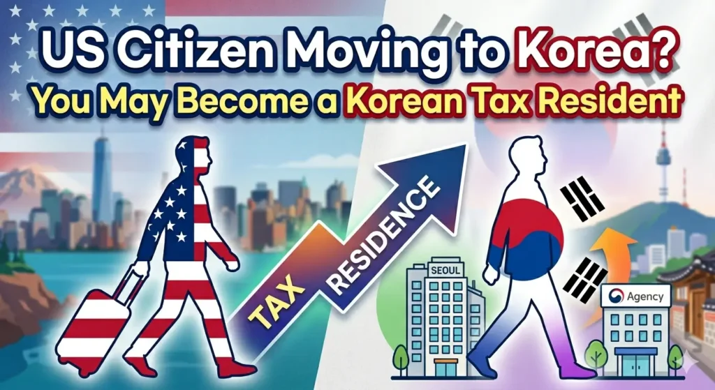 미국 시민권자가 한국으로 이주하며 세법상 한국 거주자가 되는 과정을 표현한 일러스트