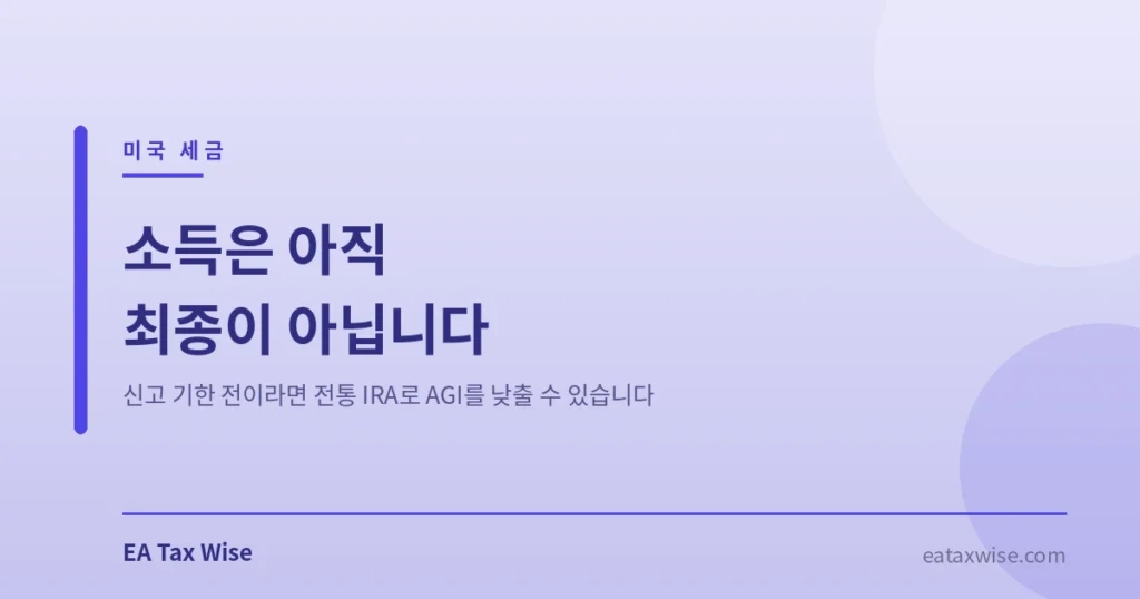 신고 기한 전이라면 공제 가능한 전통 IRA 불입으로 AGI를 낮춰 메디케이드와 마켓플레이스 보조금 판정에 쓰이는 MAGI를 줄일 수 있습니다